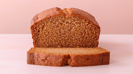 Sliced loaf of pumpkin bread arranged on a pastel pink background. Studio food photography. Design for bakery, breakfast menu, or fall dessert poster.

