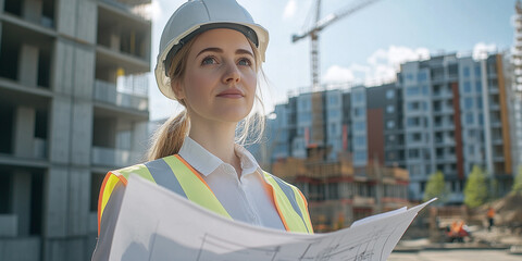 Architektin mit Bauplänen auf Baustelle überwacht Baufortschritt