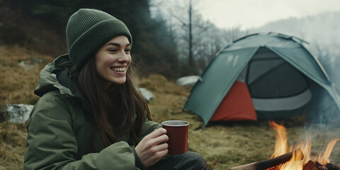 Junge Frau genießt Kaffee am Lagerfeuer während eines Campingausflugs