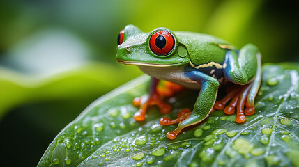 Macro Shot of a Red-Eyed Tree Frog Perched on a Leaf
