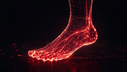 Glowing red nerve lines spreading from feet on dark gradient background symbolizing diabetic neuropathy pain and discomfort nerve damage illustration