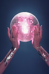 Creative contemporary collage of woman hand holding disco ball on dark blue background in pink neon light. Concept of celebration, music, event 80s and 90s retro style. Trendy vintage party symbol