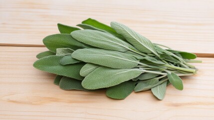 a bunch of fresh sage leaves herb on a wooden surface