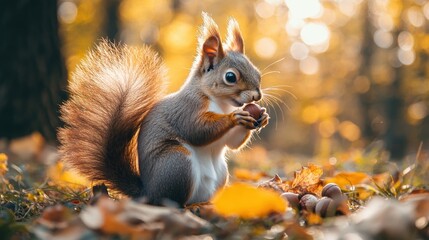 Obraz premium nature conservation, a vibrant forest scene captures the harmony between wildlife and their natural habitat as a squirrel enjoys a tasty acorn