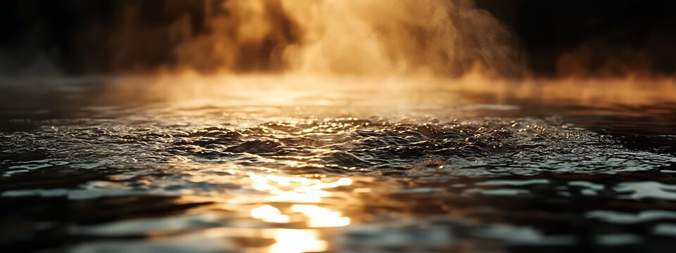 Closeup of boiling hot spring water with steam and light reflecting on the surface.