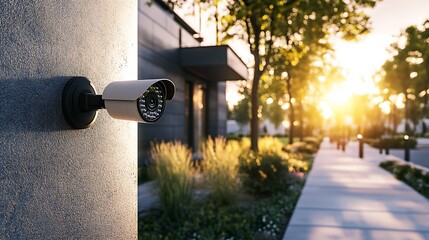 Security camera mounted on a wall overlooking a city street at sunset