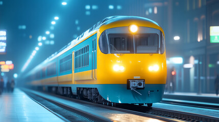 Naklejka premium Bright yellow train arriving at a city station at night