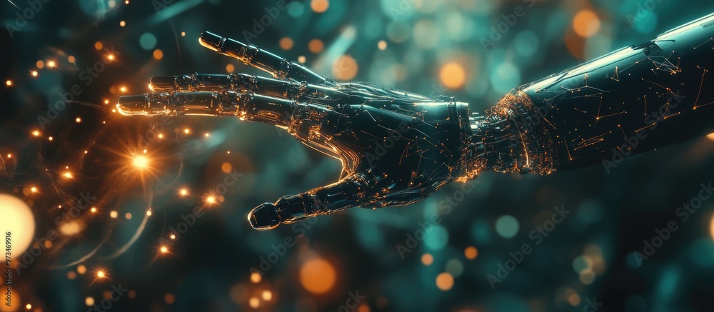 Poster ai and human interaction a robot hand reaching out symbolizing the shift from analog to digital thro