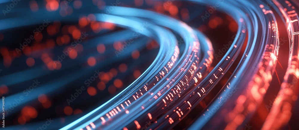 Poster 3d rendering of optical fiber cables intertwined with streams of binary data
