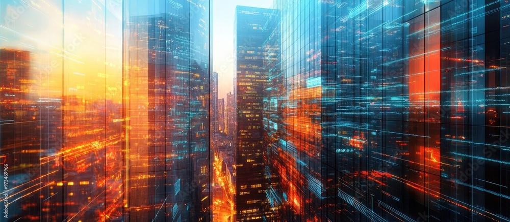 Poster abstract virtual coding concept set against a backdrop of office buildings featuring multiple exposu