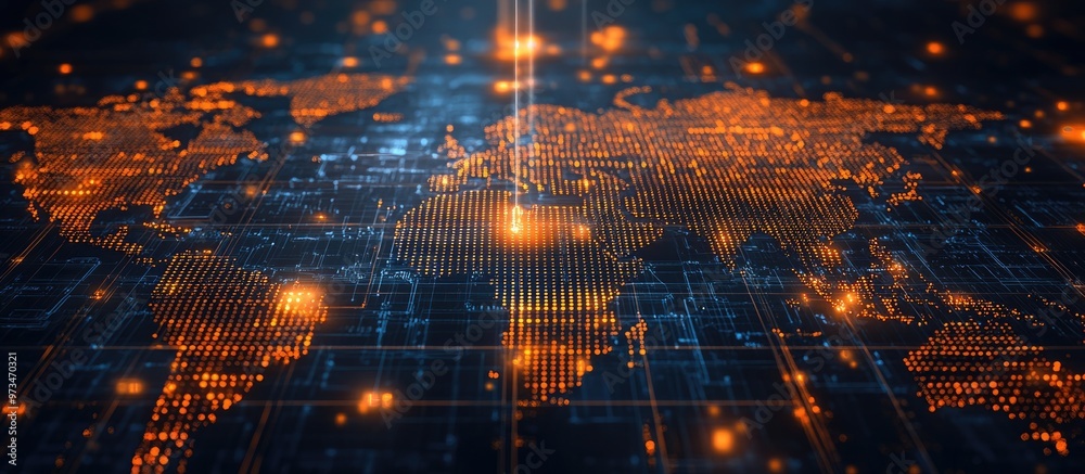 Poster digital map background featuring numeric code representing key technology for business security