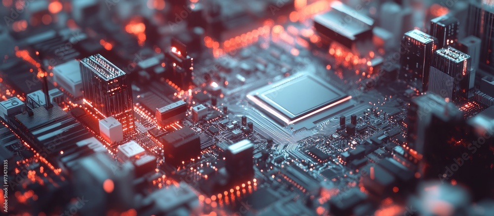 Poster smart chip processor with urban architecture concept of big data connectivity technology 3d visualiz