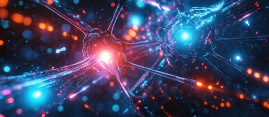 Obraz premium Futuristic cyber world featuring dreamlike neural connections vibrant lasers and neon lights