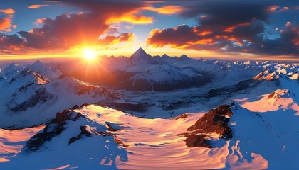 Stunning HDRI 360 VR Panorama of Majestic Snowy Mountains at Sunrise from High Altitude