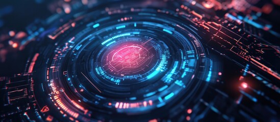 Obraz premium Futuristic technology UI featuring a HUD interface with holographic elements representing artificial intelligence against a high tech design backdrop