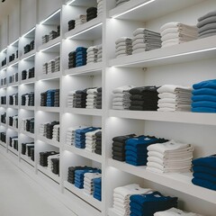 Clothing stores with stacks of shirts on display.