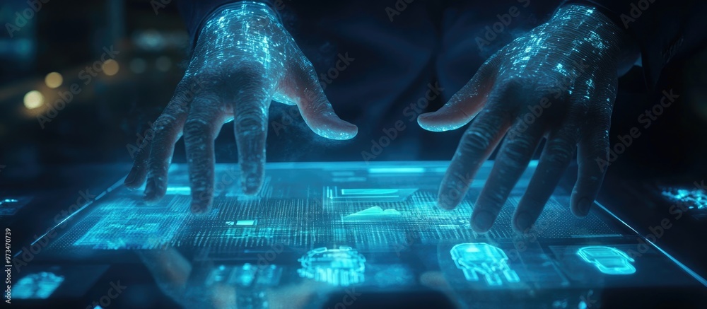 Poster businessman s hands interact with a virtual interface demonstrating the implementation of an ai syst