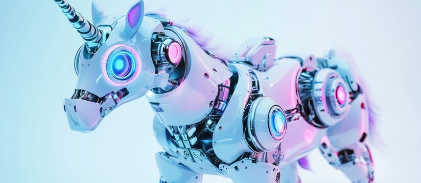 Adorable handmade unicorn robot prototype showcased at an advanced technology event Themes of futurism entertainment DIY engineering science and robotics are highlighted