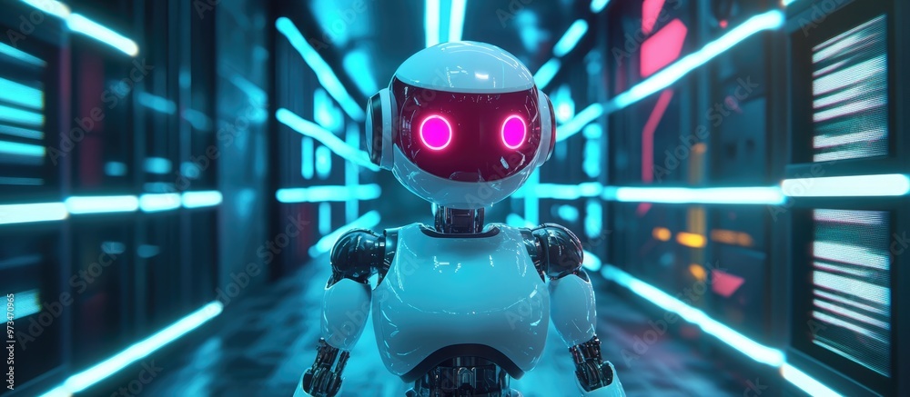 Poster retro wave style design featuring a robot and artificial intelligence in a detailed 3d render