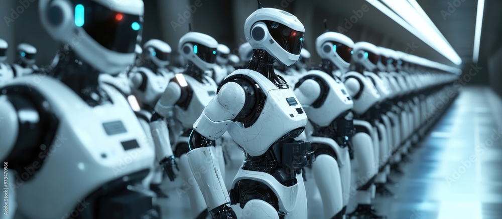Poster 3d rendering of a robotic workforce engaged in various tasks