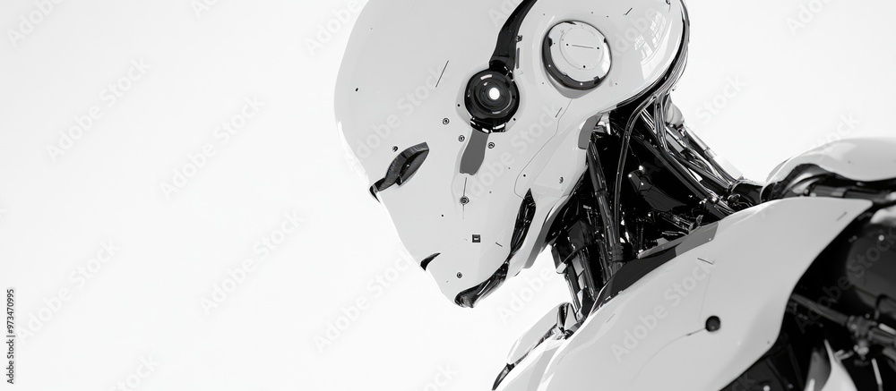 Poster detailed depiction of a black and white ai robot on a light backdrop conceptual 3d cgi showcasing au