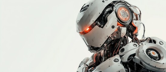 Fototapeta premium Close up view of a 3D illustration featuring a walking apocalyptic robot against a white background