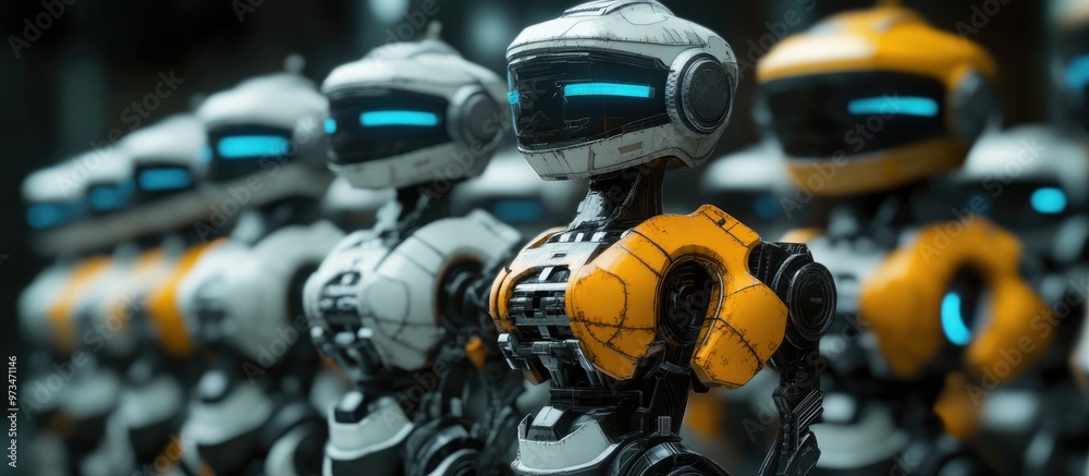 Poster a lineup of robots featuring one distinct model that stands out presented in a 3d rendering