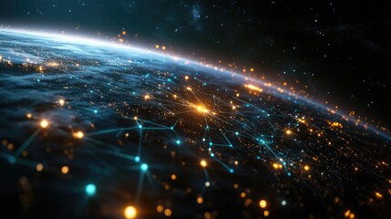 Fototapeta premium Green model of Earth featuring a network design at night Represents concepts of digital technology communication and travel 3D illustration with additional elements