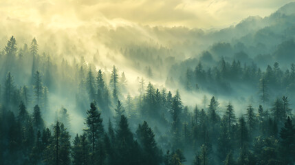 Misty forest landscape with fog rolling over pine trees in mountain scenery illuminated by sunlight