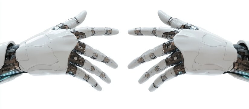 Cyborg and robotic hands with palms facing up isolated on a white background illustrating concepts of reaching or presentation