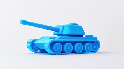 Blue Plastic Tank Toy in Side View on White Background Small ABS Model Crafted from Blue Filament 3D Printed Object Isolated on Light Surface