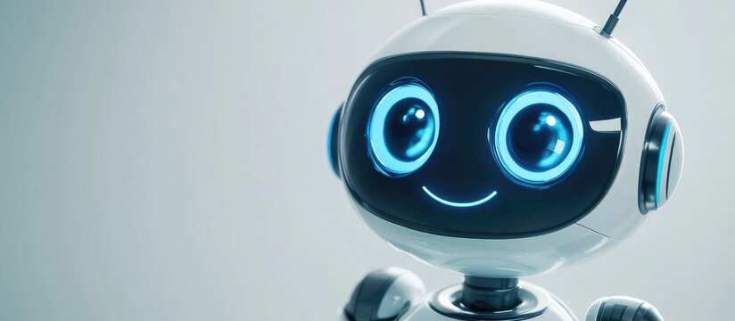Adorable cartoon robot in 3D render Represents technology and customer support as a cheerful chatbot and assistant Features a smiling face displayed on the screen resembling a robotic toy