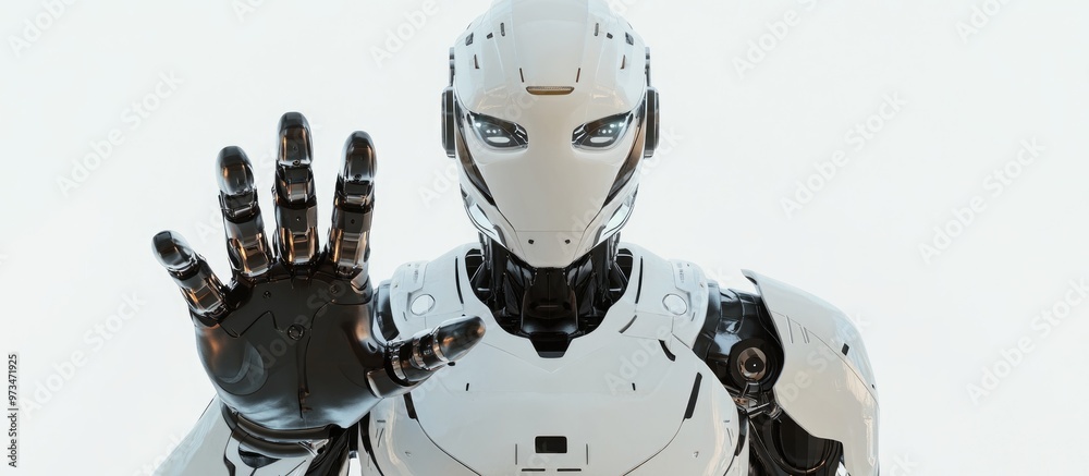 Poster futuristic humanoid robot with a detailed design making a stop gesture displaying an open hand with 