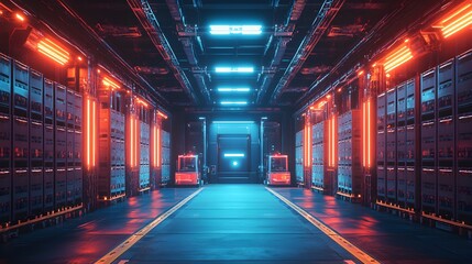 Obraz premium Stacked pallets against a high-tech warehouse, augmented reality crates and robotic forklifts, sci-fi industrial theme, deep blue lighting, photo-realistic render