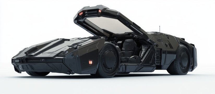 Futuristic war machine featuring an open hatch on a clean white backdrop digitally rendered in 3D