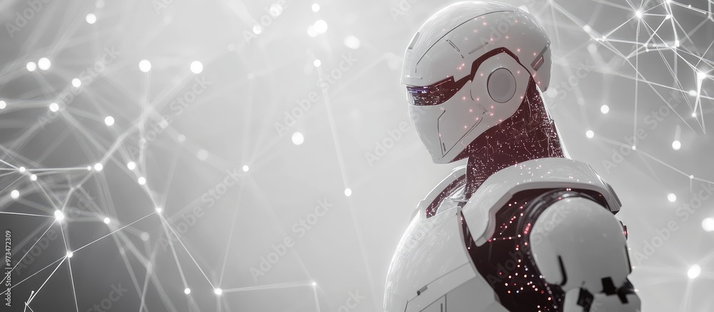 Aufkleber white robot on a blurred backdrop utilizes floating digital network connections featuring dots and l
