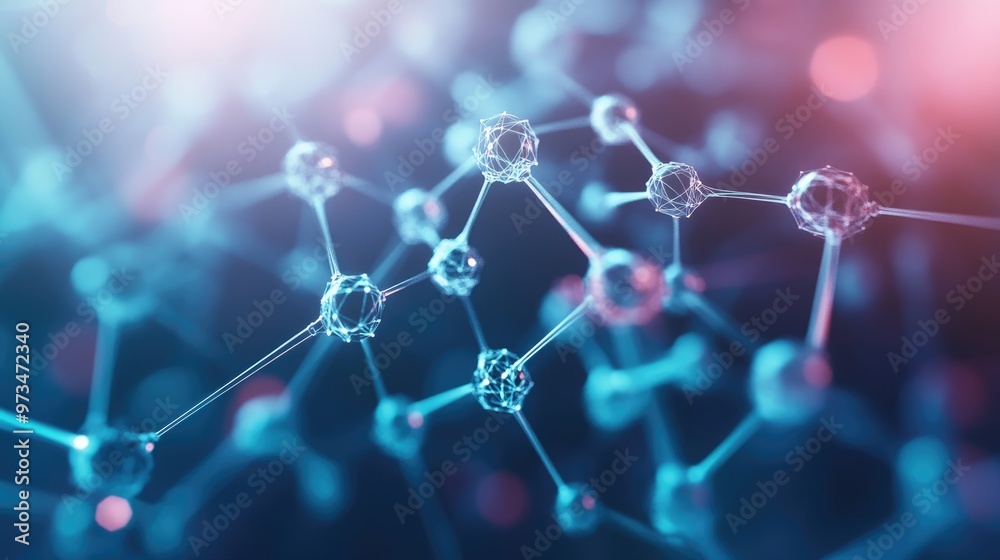 Poster abstract geometric background featuring interconnected dots and lines representing molecular structu