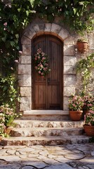 Old Mediterranean Door with Decorative Stone Pillars on Both Sides