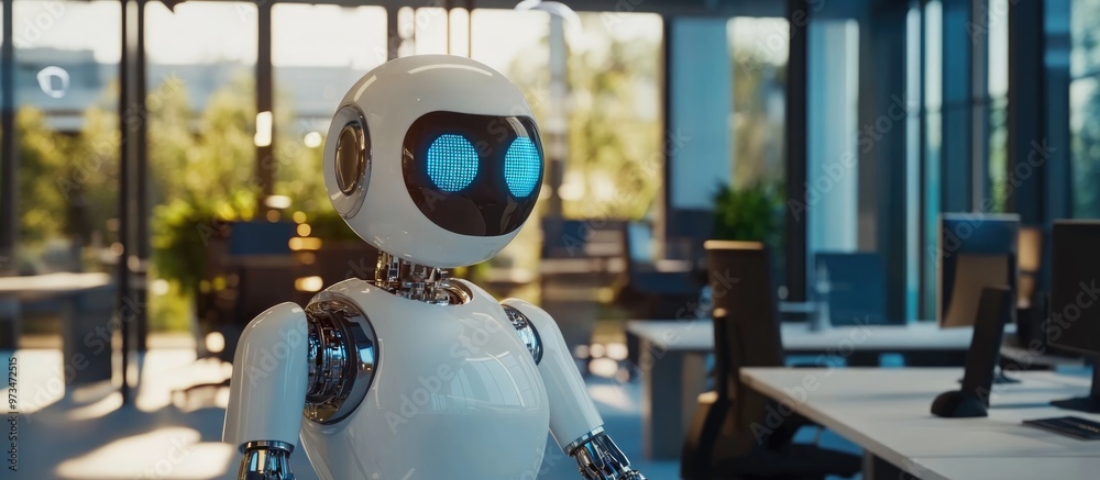 Poster 3d rendering of ai robot technology managing tasks in an office environment