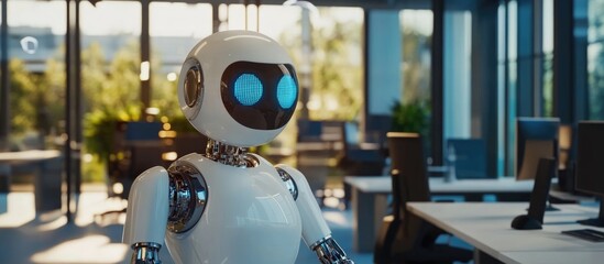 Fototapeta premium 3D rendering of AI robot technology managing tasks in an office environment