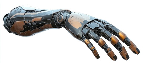 3D rendering of a metallic cyborg arm isolated on a white background