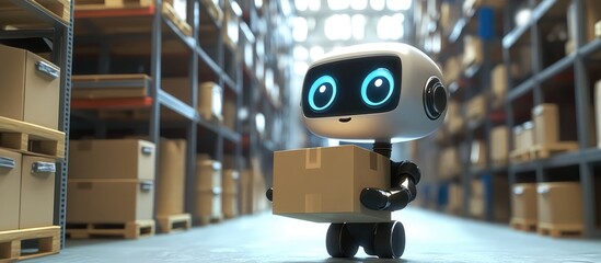 3D rendering of a cute small automation robot in an automatic warehouse holding a cardboard box