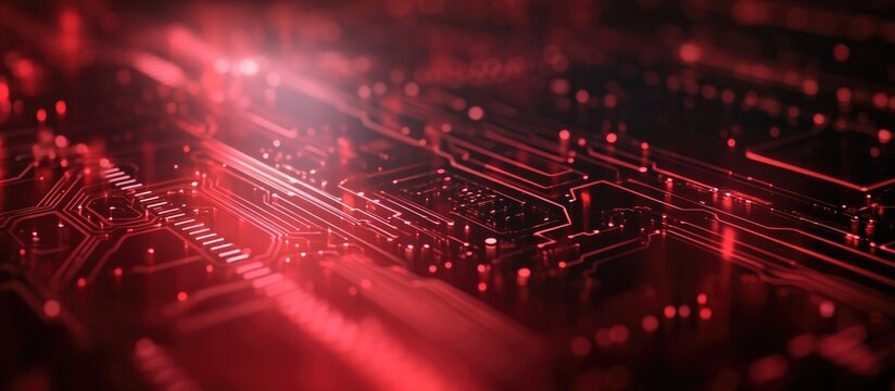 Abstract circuit board design showcasing futuristic technology featuring a red cyber security theme with a high speed digital internet effect and motion blur elements