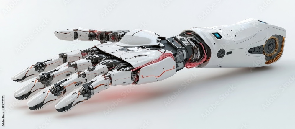 Poster 3d rendering of a robotic hand in an open or extended position on a white background