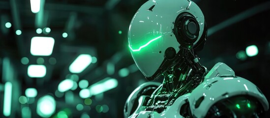 Robot mechanic with illuminated green light 3D rendering