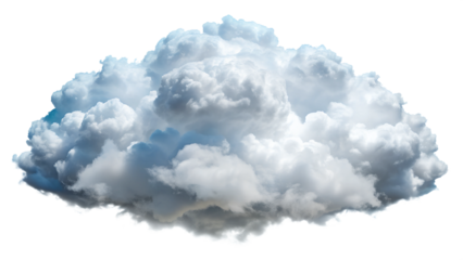 Fluffy white cloud with a bright blue sky background, perfect for adding a touch of nature to any design project. Transparent or white background.