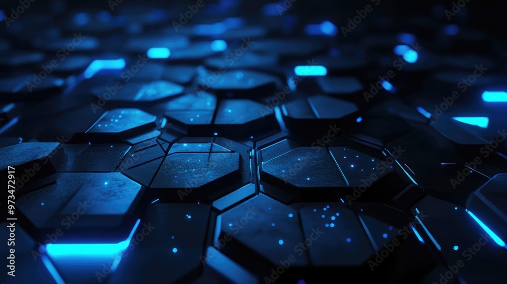 Poster abstract low poly hexagonal background featuring dark tones and blue glow elements conceptual hud de