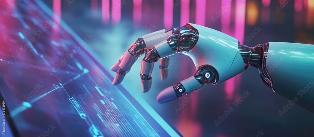 Poster robot hand interacting with a virtual touchscreen representing concepts of artificial intelligence t