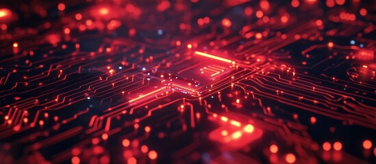 Abstract circuit board design showcasing futuristic technology featuring a red cyber security theme with a high speed digital internet effect and motion blur elements