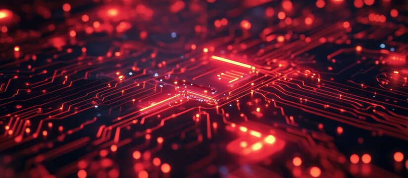 Abstract circuit board design showcasing futuristic technology featuring a red cyber security theme with a high speed digital internet effect and motion blur elements